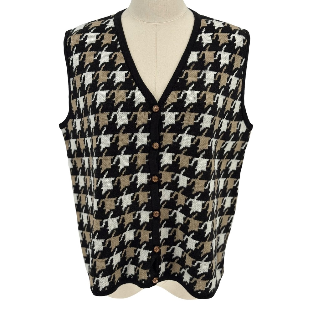 Crystal Kobe Sweater Vest Vintage Black Tan Houndstooth Button V Neck Large